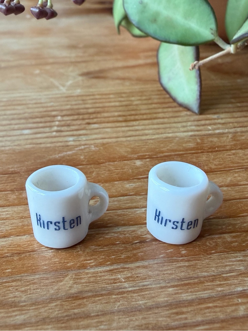 Vintage White Miniature Mugs with Blue 'Kirsten' Lettering